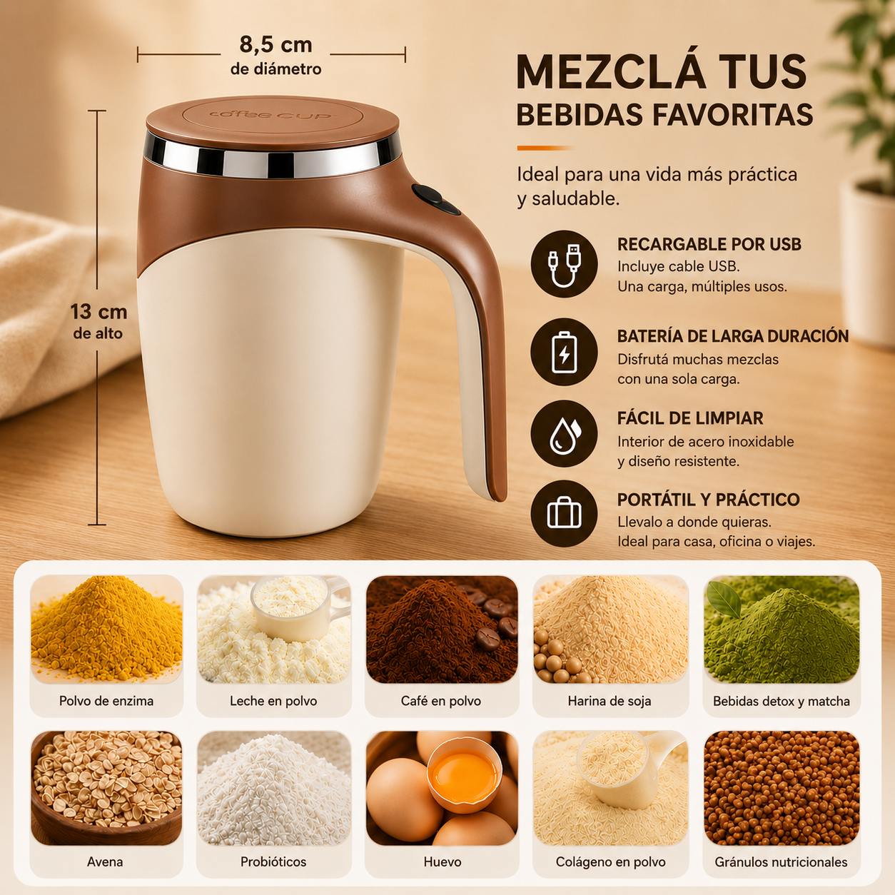 Taza Automezcladora Magnética USB C Acero 380ml