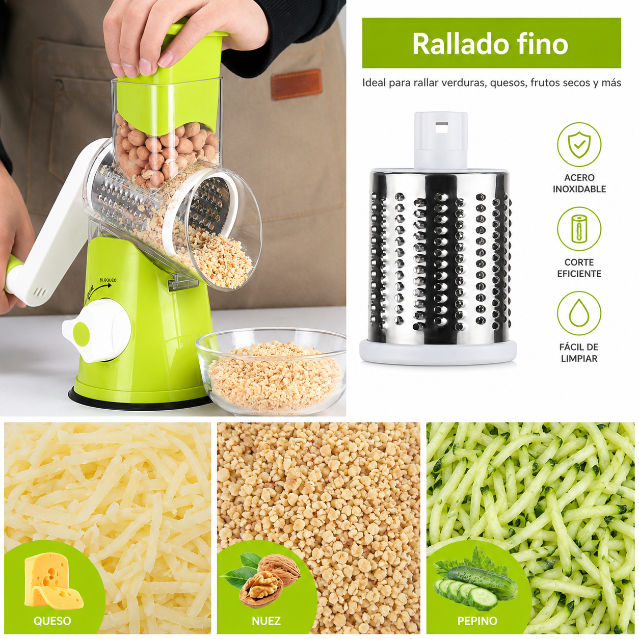 Rallador Giratorio Manual 3 En 1 Multifunción Cocina