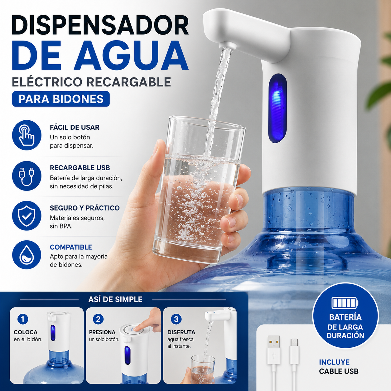 Dispensador De Agua Portátil USB Para Bidones