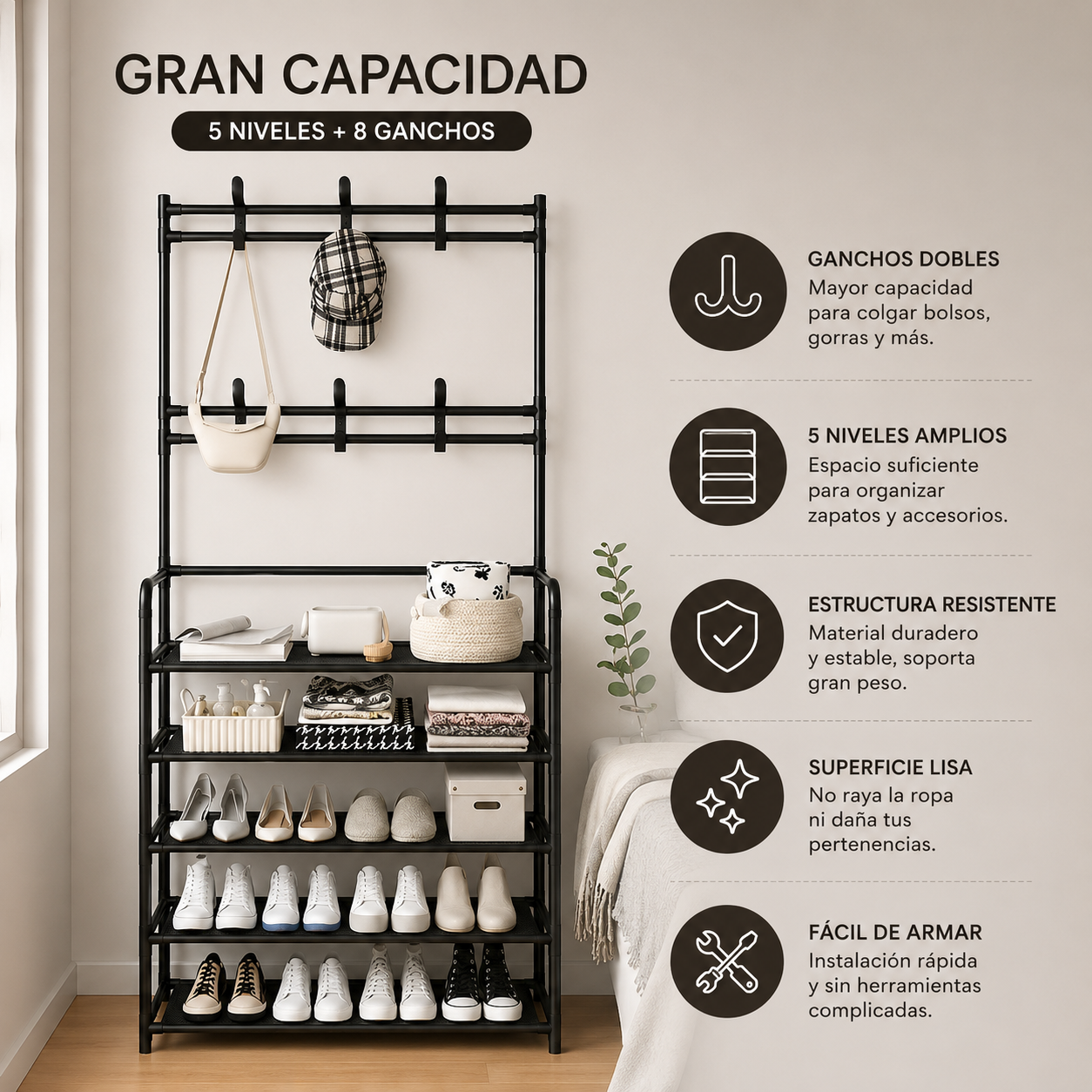 Perchero Organizador 5 Niveles Con 8 Ganchos