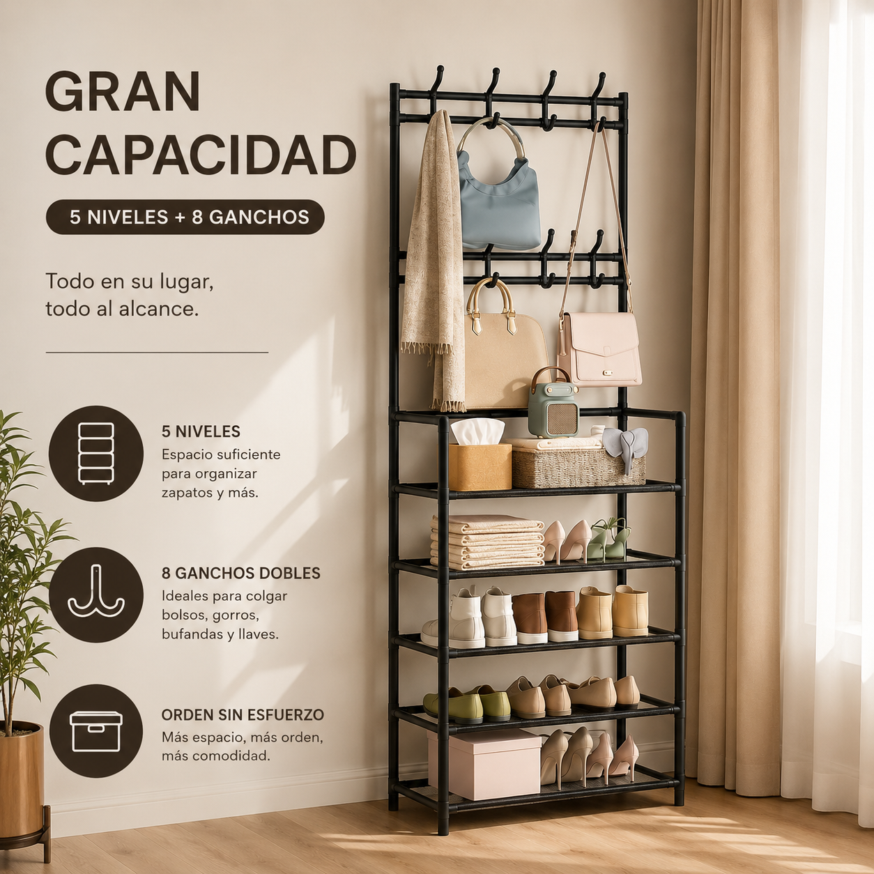 Perchero Organizador 5 Niveles Con 8 Ganchos