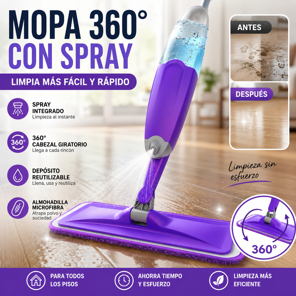 Mopa 360 Microfibra Con Spray Limpiador Piso Reutilizable