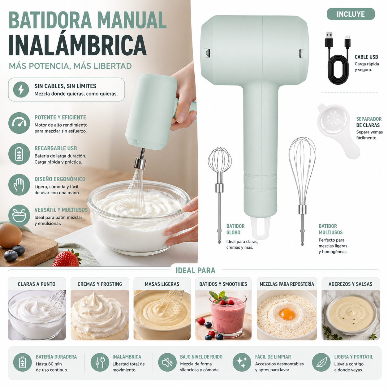 Batidora Inalámbrica USB Recargable 3 Velocidades