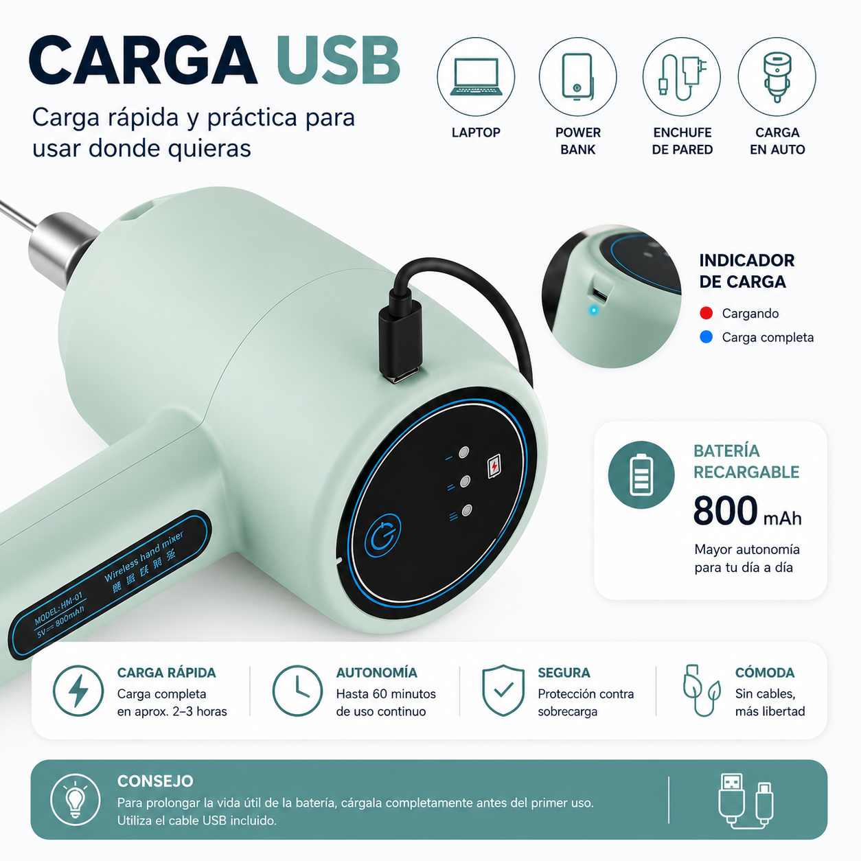 Batidora Inalámbrica USB Recargable 3 Velocidades