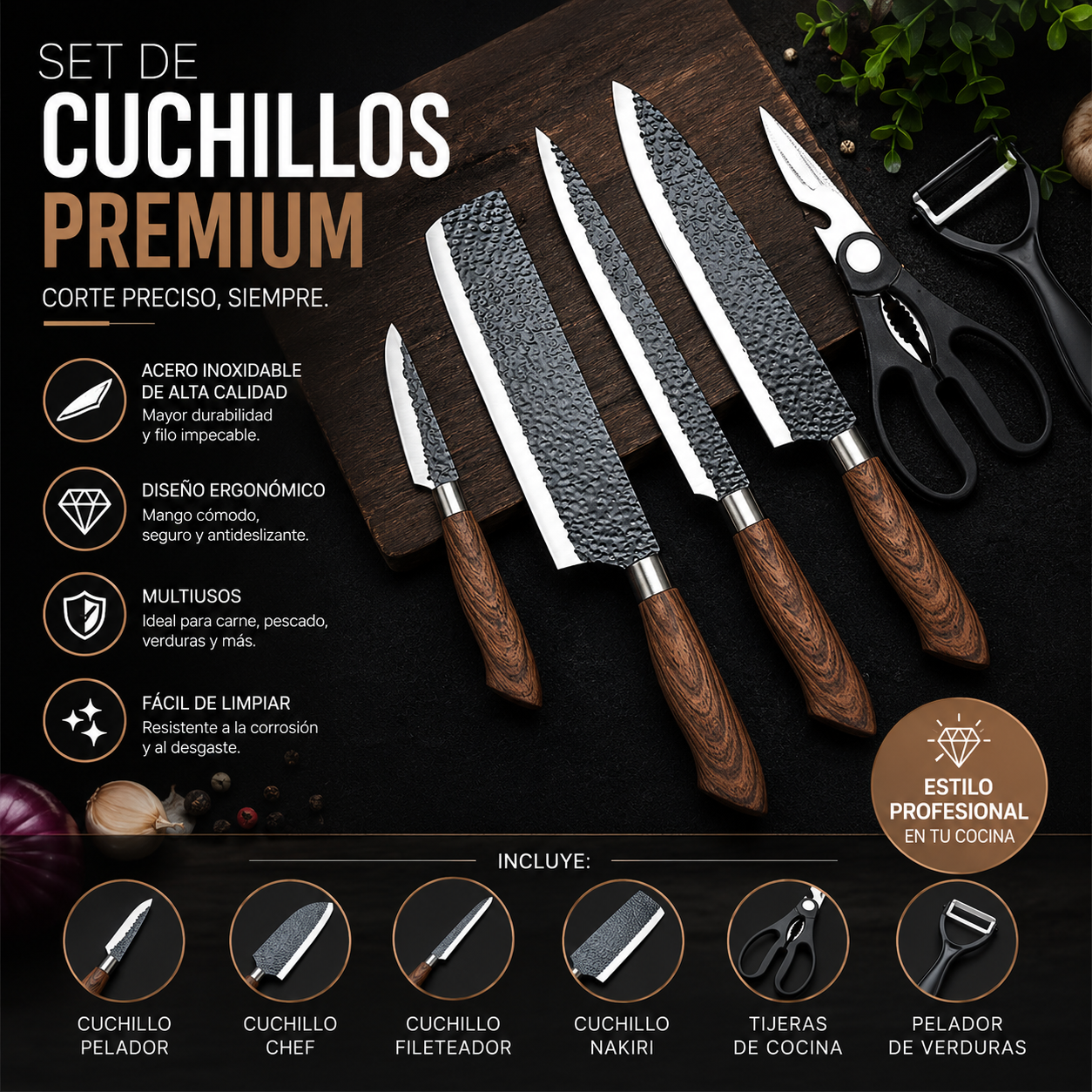 Set Cuchillos Chef 6 Piezas Pelador Y Tijeras