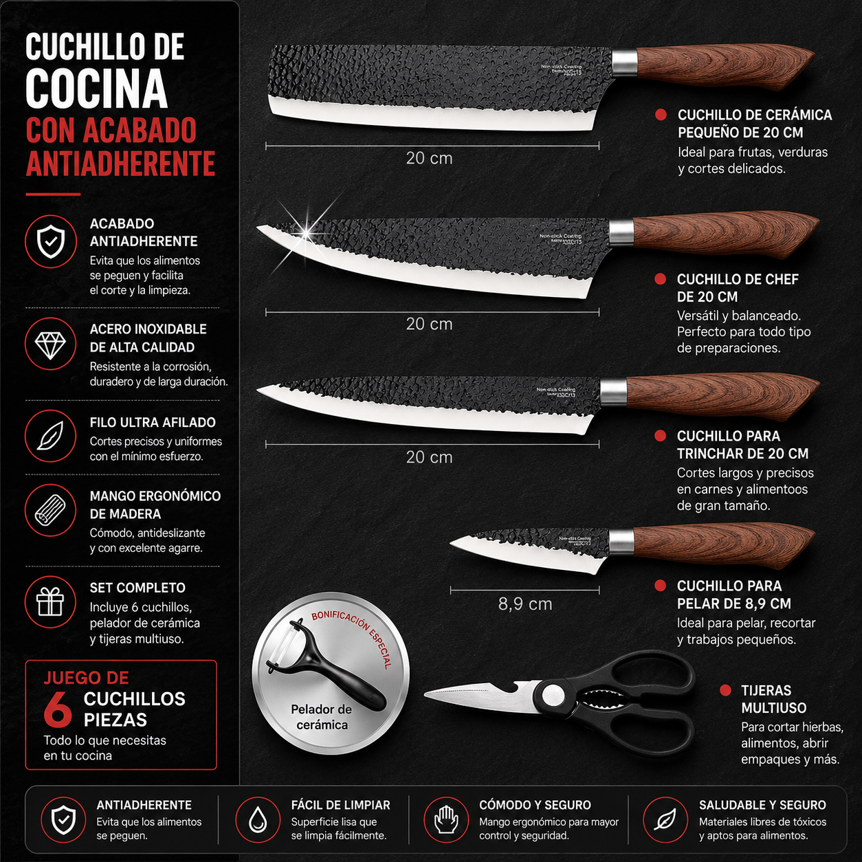 Set Cuchillos Chef 6 Piezas Pelador Y Tijeras