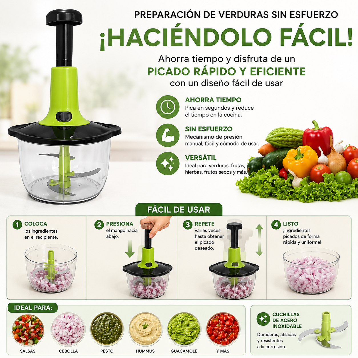 Picador Manual A Presión 3 Cuchillas Cocina