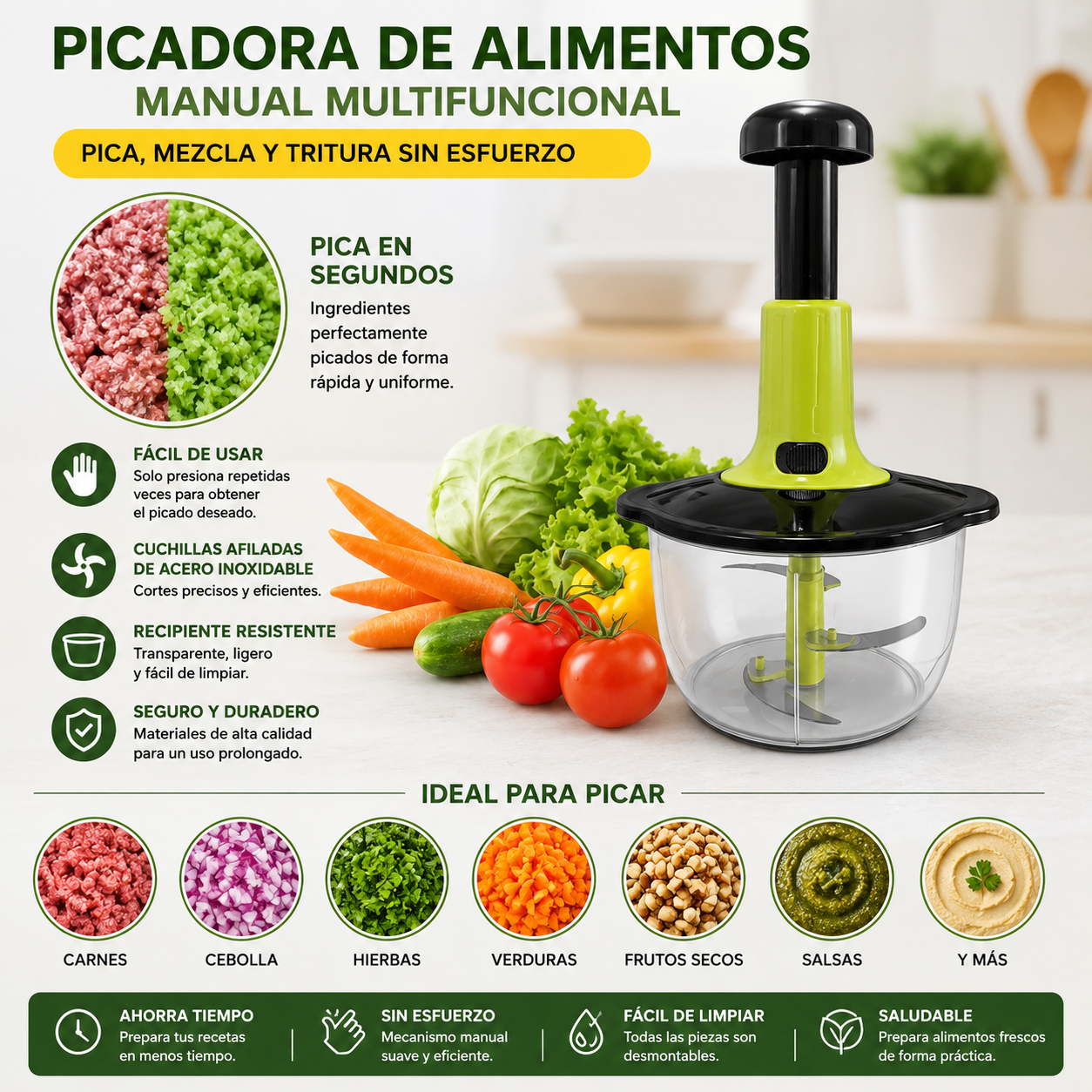 Picador Manual A Presión 3 Cuchillas Cocina