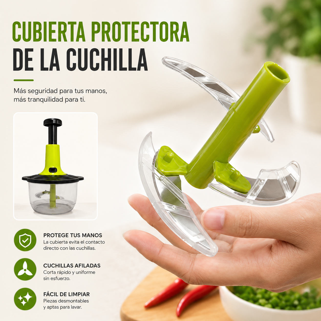 Picador Manual A Presión 3 Cuchillas Cocina