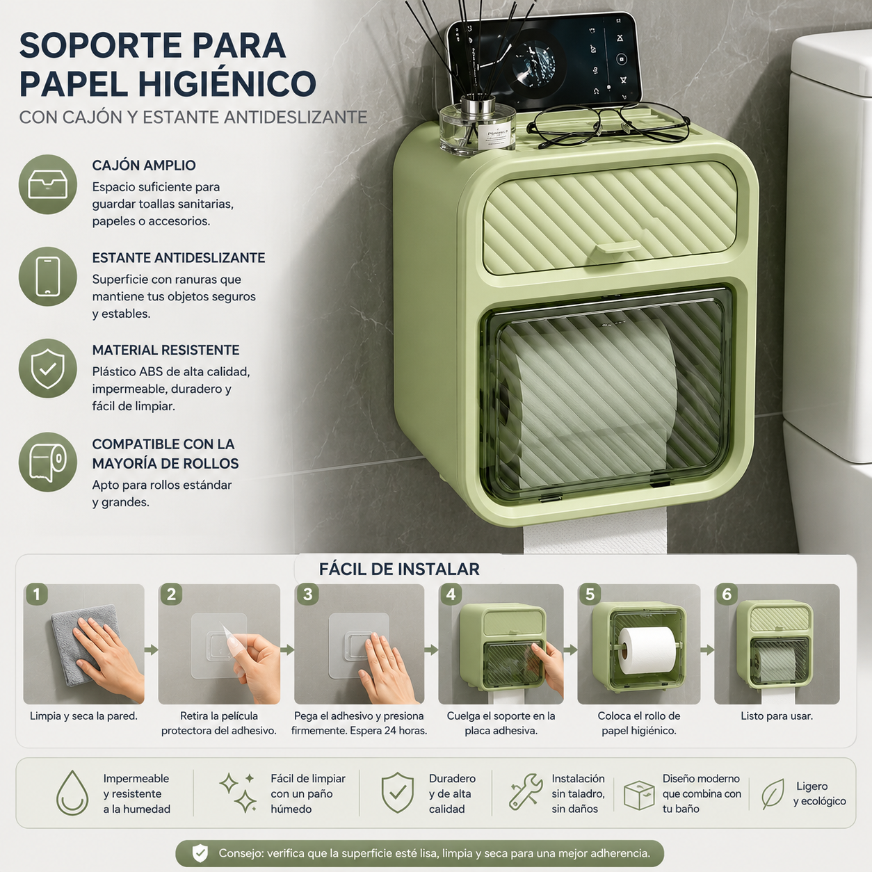 Soporte de Papel Higiénico con Cajón y Estante Antideslizante
