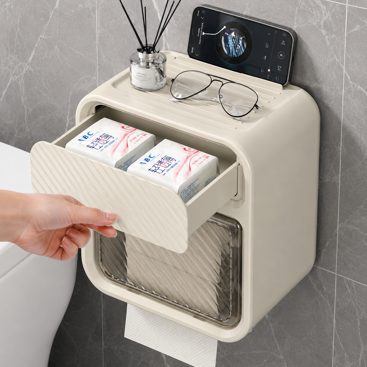 Soporte de Papel Higiénico con Cajón y Estante Antideslizante