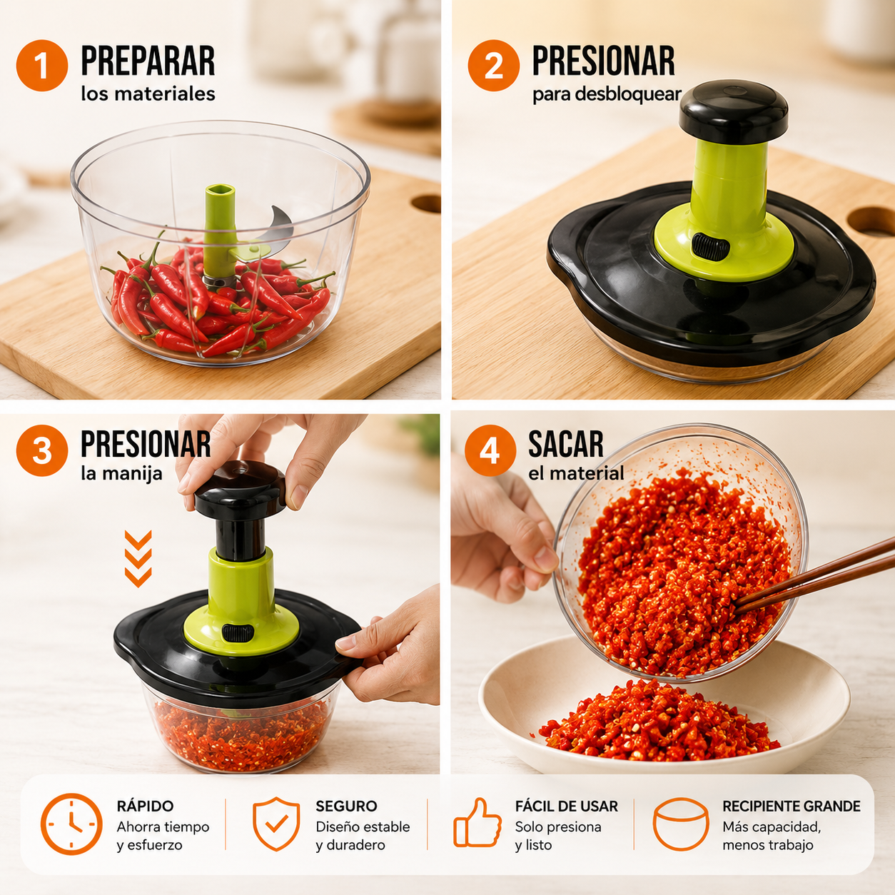 Picador Manual A Presión 3 Cuchillas Cocina