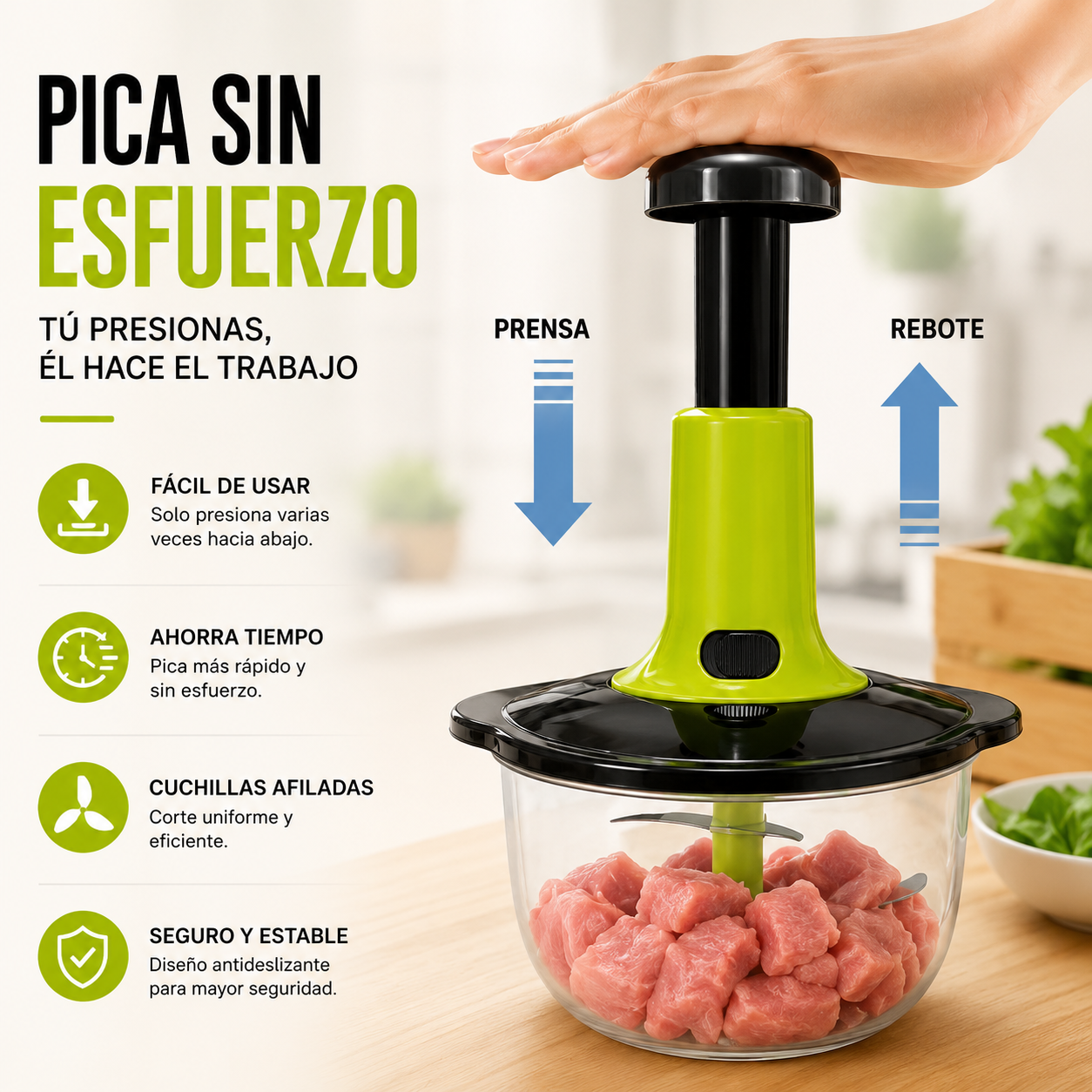 Picador Manual A Presión 3 Cuchillas Cocina