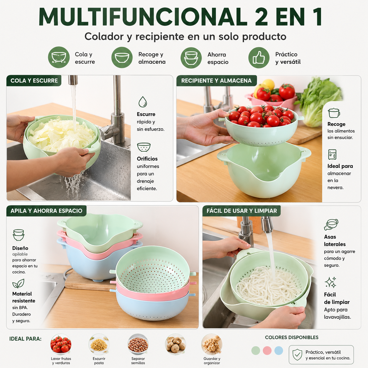 Colador Giratorio Doble Capa Escurridor Cocina