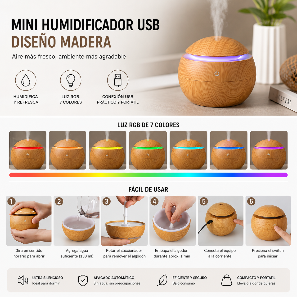 Mini Humidificador USB Diseño Madera Portátil