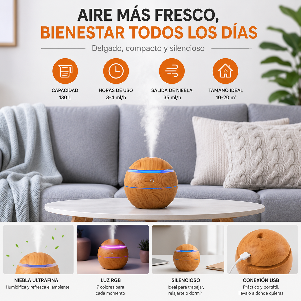 Mini Humidificador USB Diseño Madera Portátil