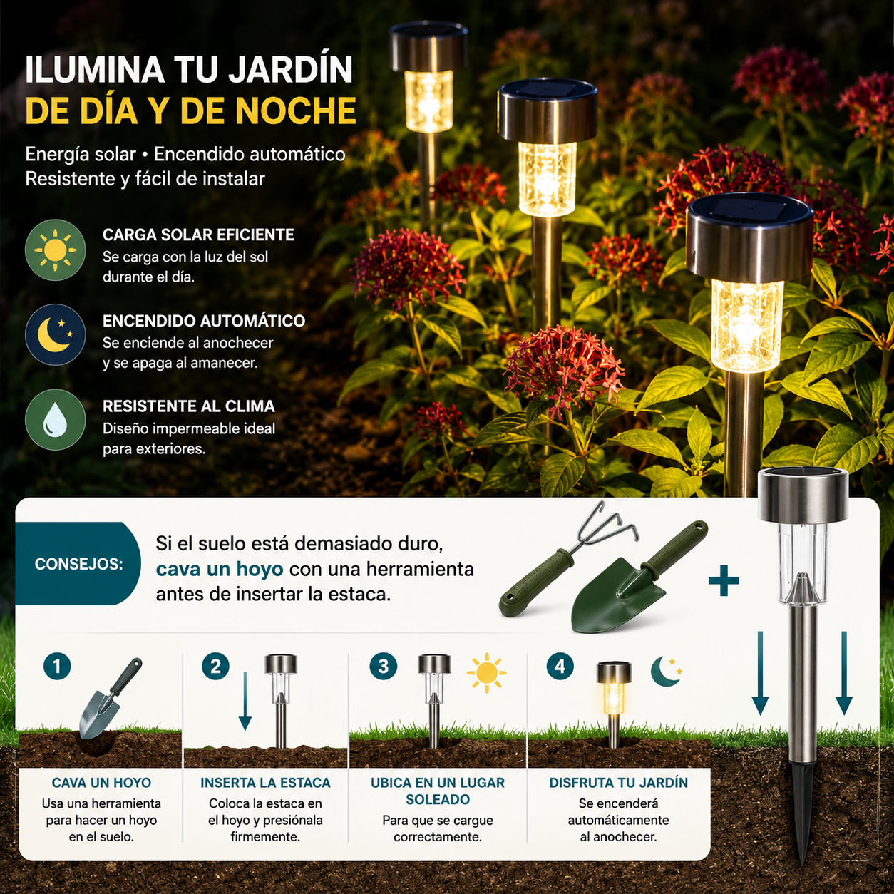 Luces Solares Jardín LED Estaca Exterior Impermeable