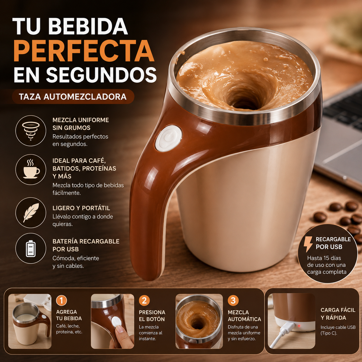Taza Automezcladora Magnética USB C Acero 380ml