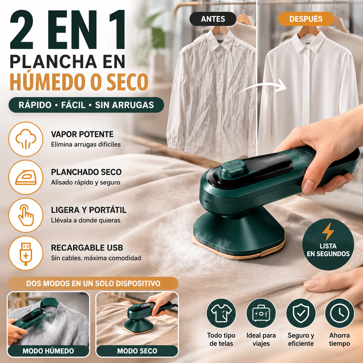 Mini Plancha 2 En 1 Con Vaporizador Portátil Ropa